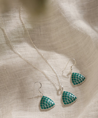 Odathi_Teal_Green_Handcrafted_Pure_Silver_Meenakari_Pendant_And_Earrings_Set_WeaverStory_01