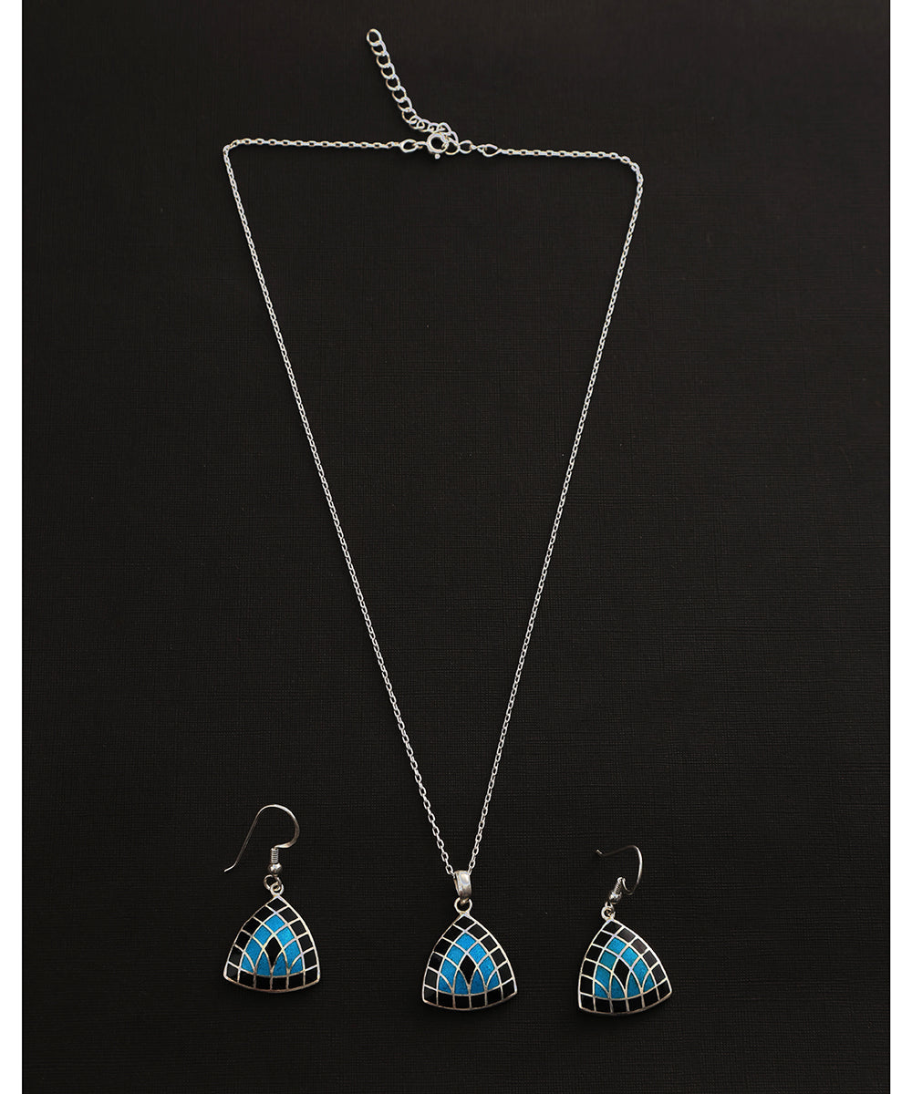 Yaaja_Blue_Handcrafted_Pure_Silver_Meenakari_Pendant_And_Earrings_Set_WeaverStory_02