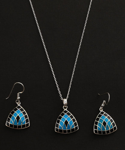 Yaaja_Blue_Handcrafted_Pure_Silver_Meenakari_Pendant_And_Earrings_Set_WeaverStory_04