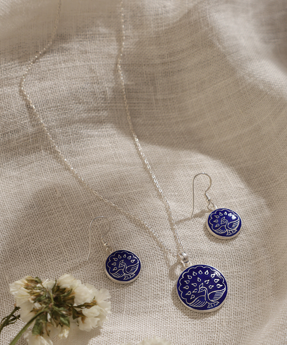 Faaz_Blue_Handcrafted_Pure_Silver_Meenakari_Pendant_And_Earrings_Set_With_Peacock_Motif_WeaverStory_01