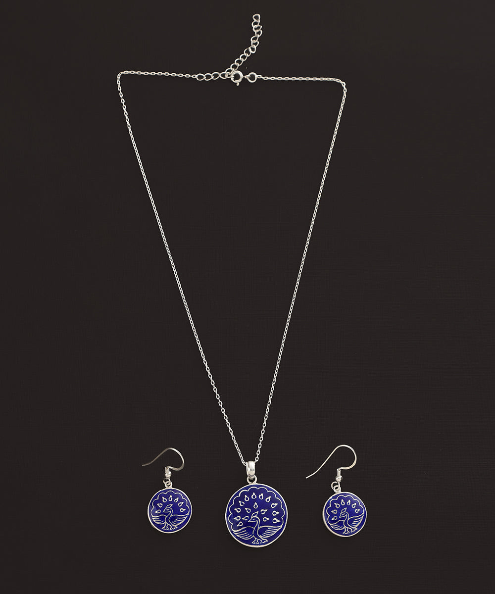 Faaz_Blue_Handcrafted_Pure_Silver_Meenakari_Pendant_And_Earrings_Set_With_Peacock_Motif_WeaverStory_02
