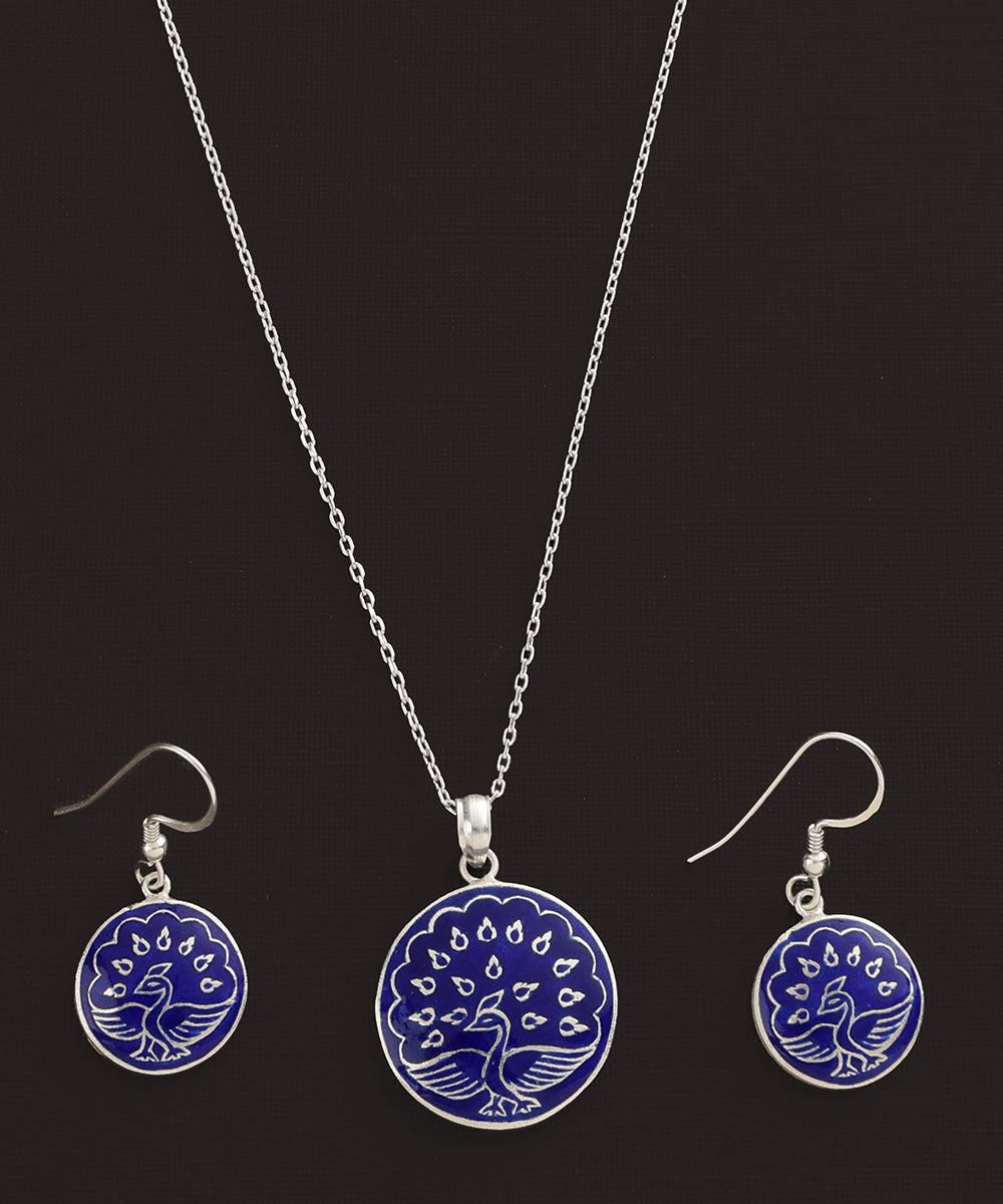 Faaz_Blue_Handcrafted_Pure_Silver_Meenakari_Pendant_And_Earrings_Set_With_Peacock_Motif_WeaverStory_04