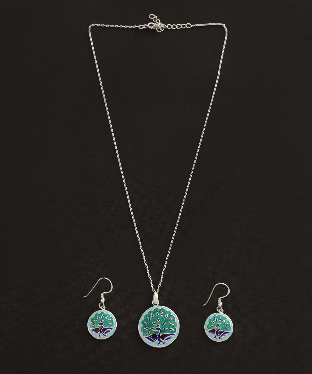 Baani_Blue_And_Green_Handcrafted_Pure_Silver_Meenakari_Pendant_And_Earrings_Set_With_Peacock_Motif_WeaverStory_02