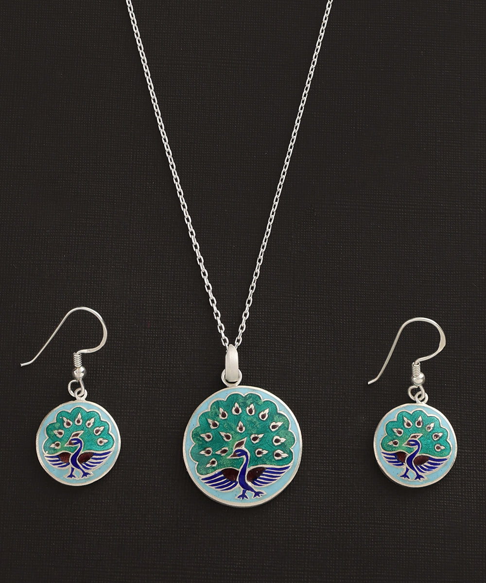 Baani_Blue_And_Green_Handcrafted_Pure_Silver_Meenakari_Pendant_And_Earrings_Set_With_Peacock_Motif_WeaverStory_04