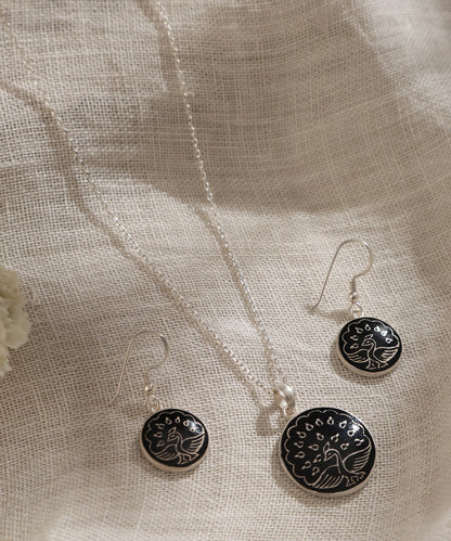 Ichita_Black_Handcrafted_Pure_Silver_Peacock_Meenakari_Pendant_And_Earrings_Set_WeaverStory_01