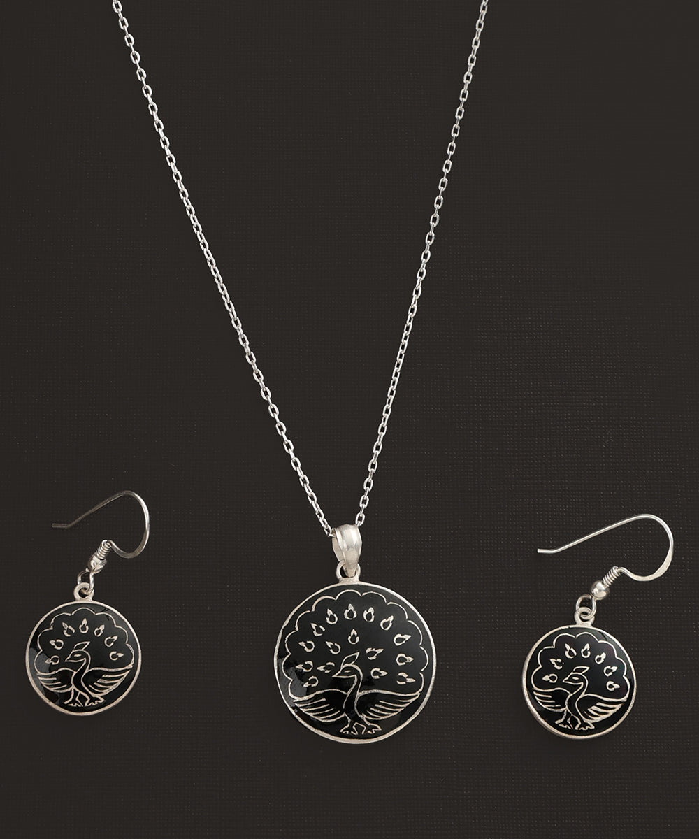 Ichita_Black_Handcrafted_Pure_Silver_Peacock_Meenakari_Pendant_And_Earrings_Set_WeaverStory_04