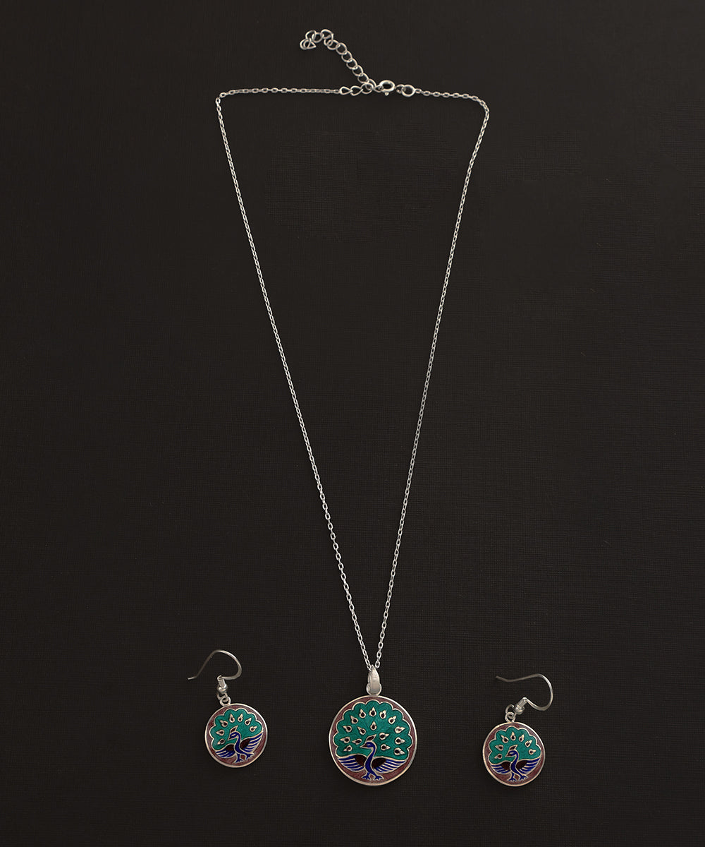 Idhika_Peacock_Blue_Handcrafted_Pure_Silver_Meenakari_Pendant_And_Earrings_Set_WeaverStory_02