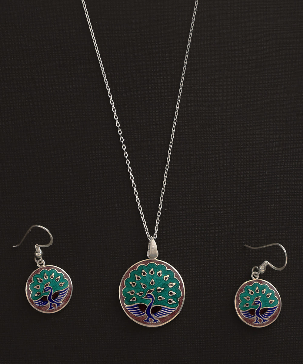 Idhika_Peacock_Blue_Handcrafted_Pure_Silver_Meenakari_Pendant_And_Earrings_Set_WeaverStory_04