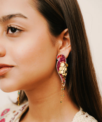 Handcrafted_Magenta_Parrot_Dangle_Earrings_With_Sequins_WeaverStory_01