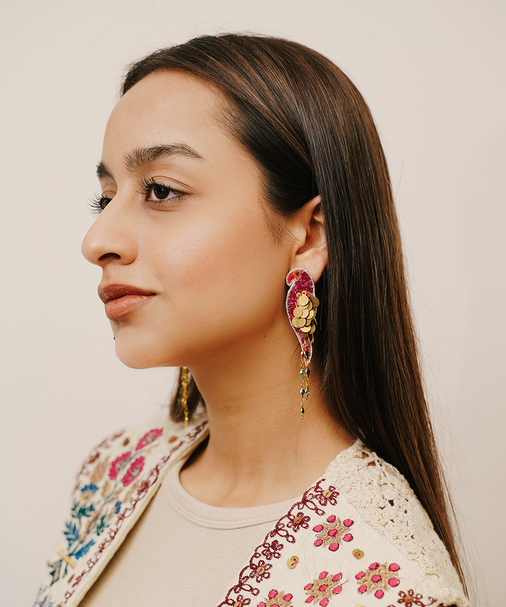 Handcrafted_Magenta_Parrot_Dangle_Earrings_With_Sequins_WeaverStory_03