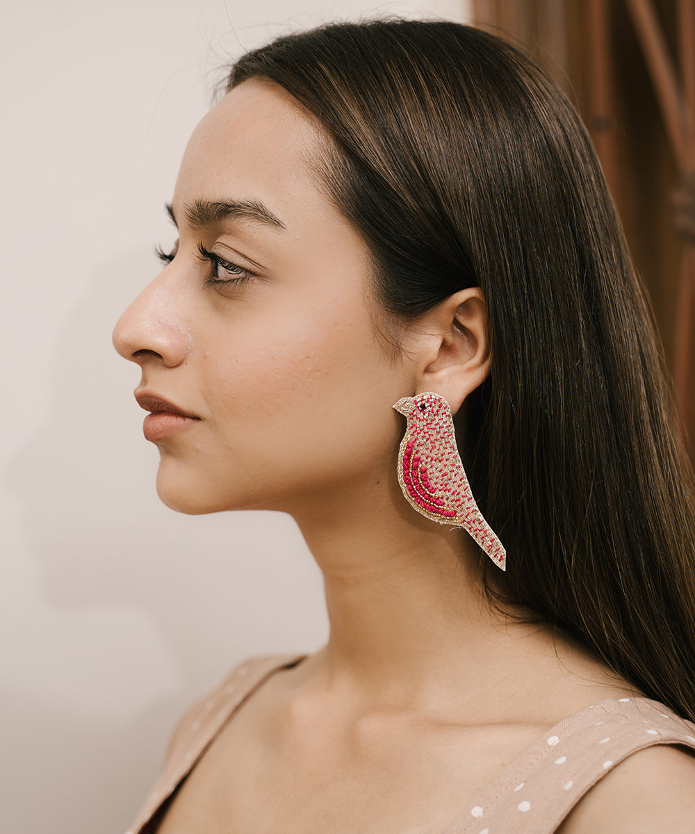 Hand-Beaded_Pink_Bird_Stud_Earrings_With_Intricate_Threadwork_WeaverStory_01