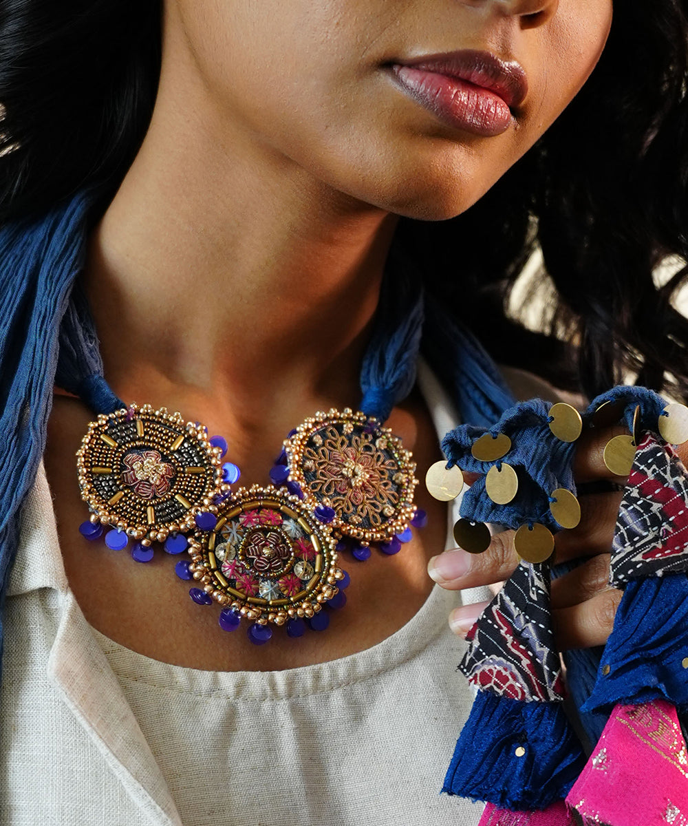 Handcrafted_Blue_Fabric_Statement_Necklace_WeaverStory_04