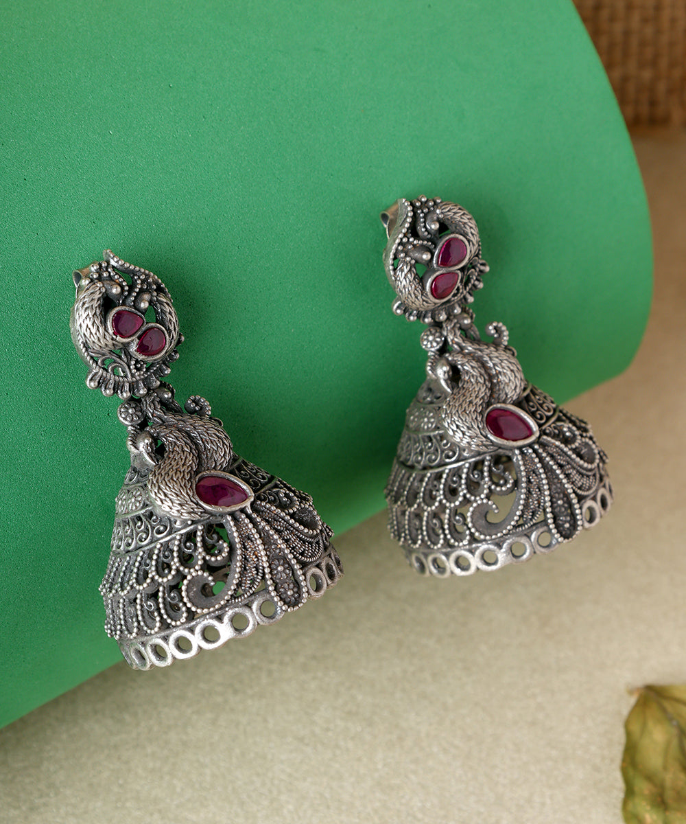 Jeeva_Handcrafted_Oxidised_Pure_Silver_Earrings_With_Kundan_And_Peacock_Motifs_WeaverStory_01