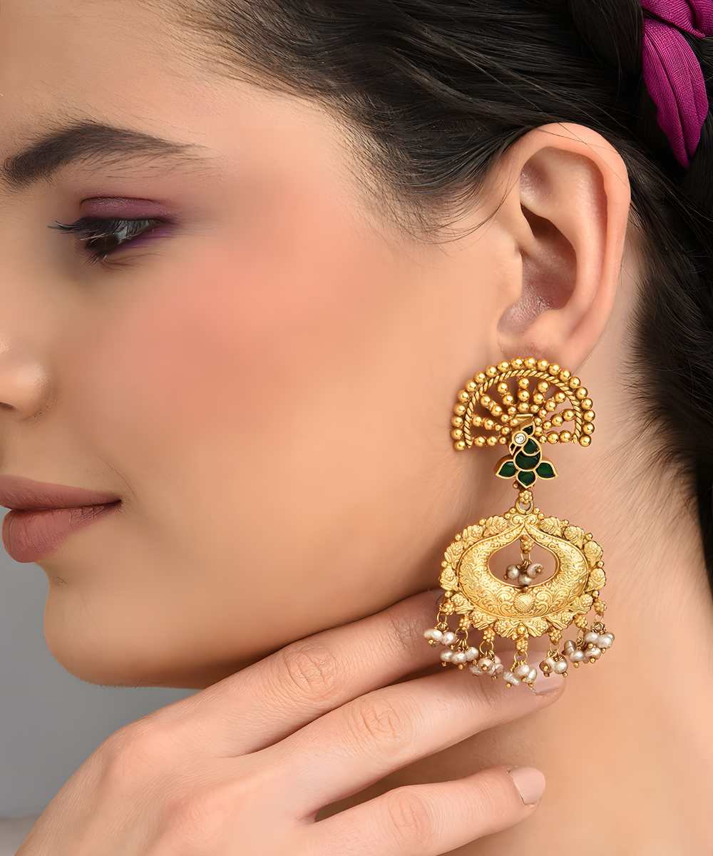 Nisha_Handcrafted_Green_Kundan_Golden_Earrings_In_Pure_Silver_WeaverStory_01