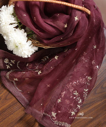 Dark_Plum_Hand_Embroidered_Organza_Dupatta_WeaverStory_01