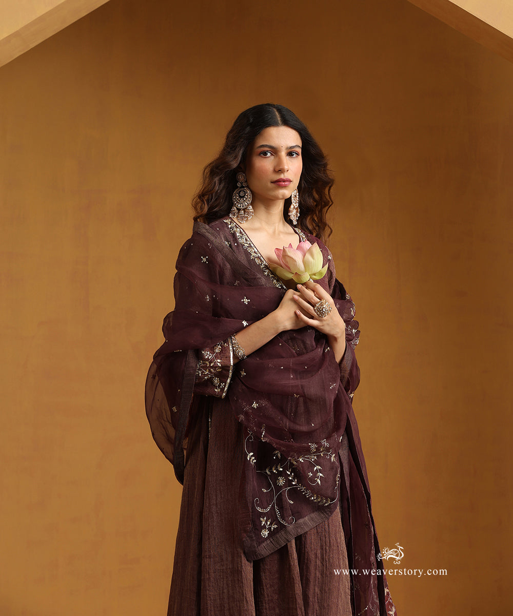 Dark_Plum_Hand_Embroidered_Cotton_Tissue_Angrakha_Kurta_With_Striped_Chanderi_Pants_And_Organza_Dupatta_WeaverStory_02