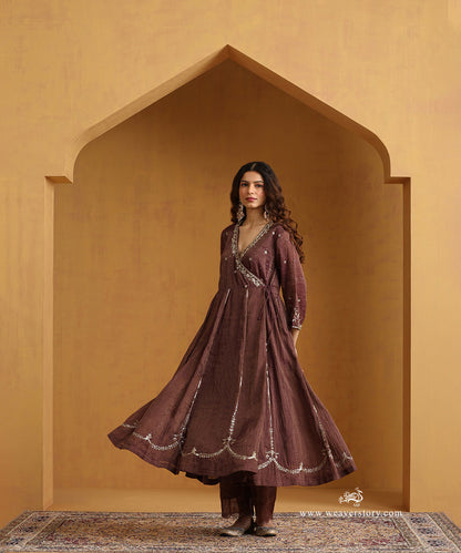 Dark_Plum_Hand_Embroidered_Cotton_Tissue_Angrakha_Kurta_With_Striped_Chanderi_Pants_And_Organza_Dupatta_WeaverStory_03