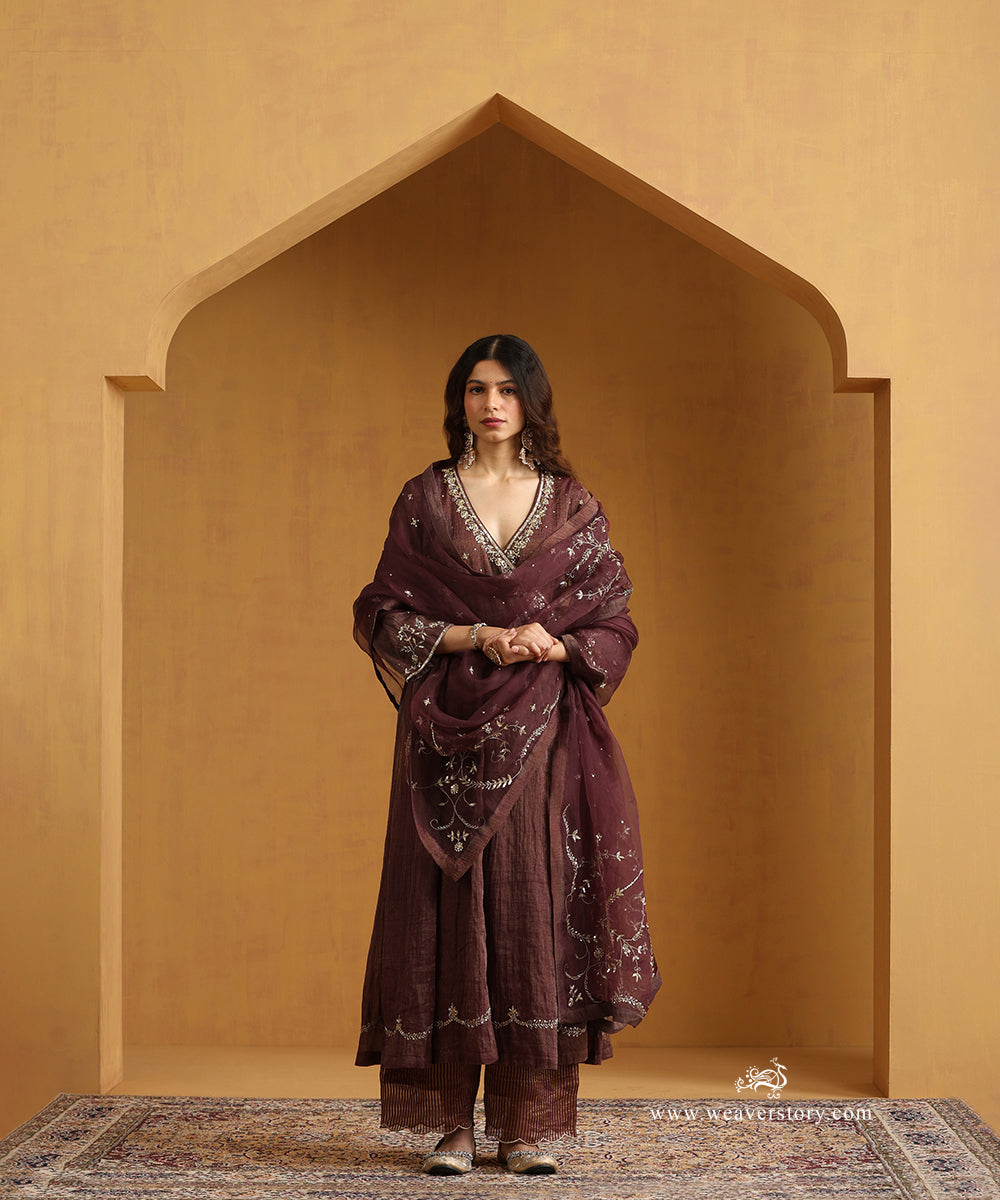 Dark_Plum_Hand_Embroidered_Cotton_Tissue_Angrakha_Kurta_With_Striped_Chanderi_Pants_And_Organza_Dupatta_WeaverStory_04