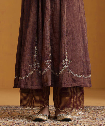 Dark_Plum_Hand_Embroidered_Cotton_Tissue_Angrakha_Kurta_With_Striped_Chanderi_Pants_And_Organza_Dupatta_WeaverStory_05