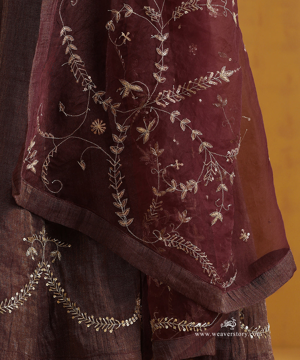 Dark_Plum_Hand_Embroidered_Cotton_Tissue_Angrakha_Kurta_With_Striped_Chanderi_Pants_And_Organza_Dupatta_WeaverStory_07