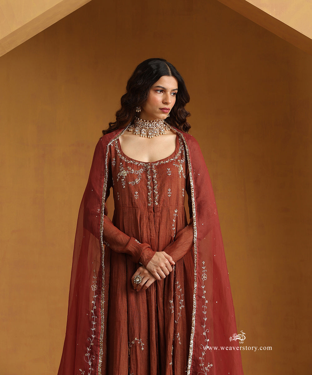 Rust_Orange_Hand_Embroidered_Cotton_Tissue_Anarkali_Kurta_With_Sharara_And_Organza_Dupatta_WeaverStory_02