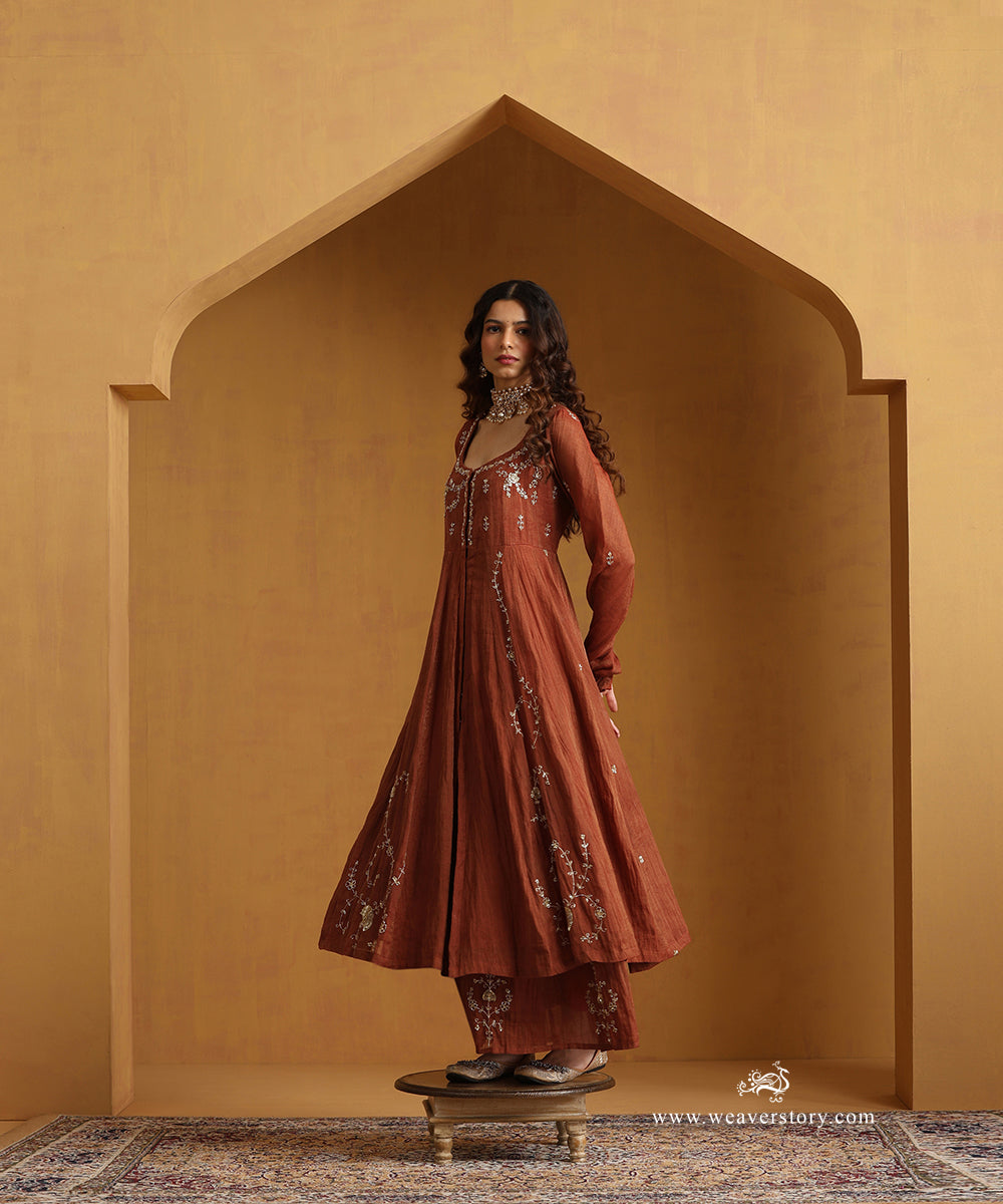 Rust_Orange_Hand_Embroidered_Cotton_Tissue_Anarkali_Kurta_With_Sharara_And_Organza_Dupatta_WeaverStory_03