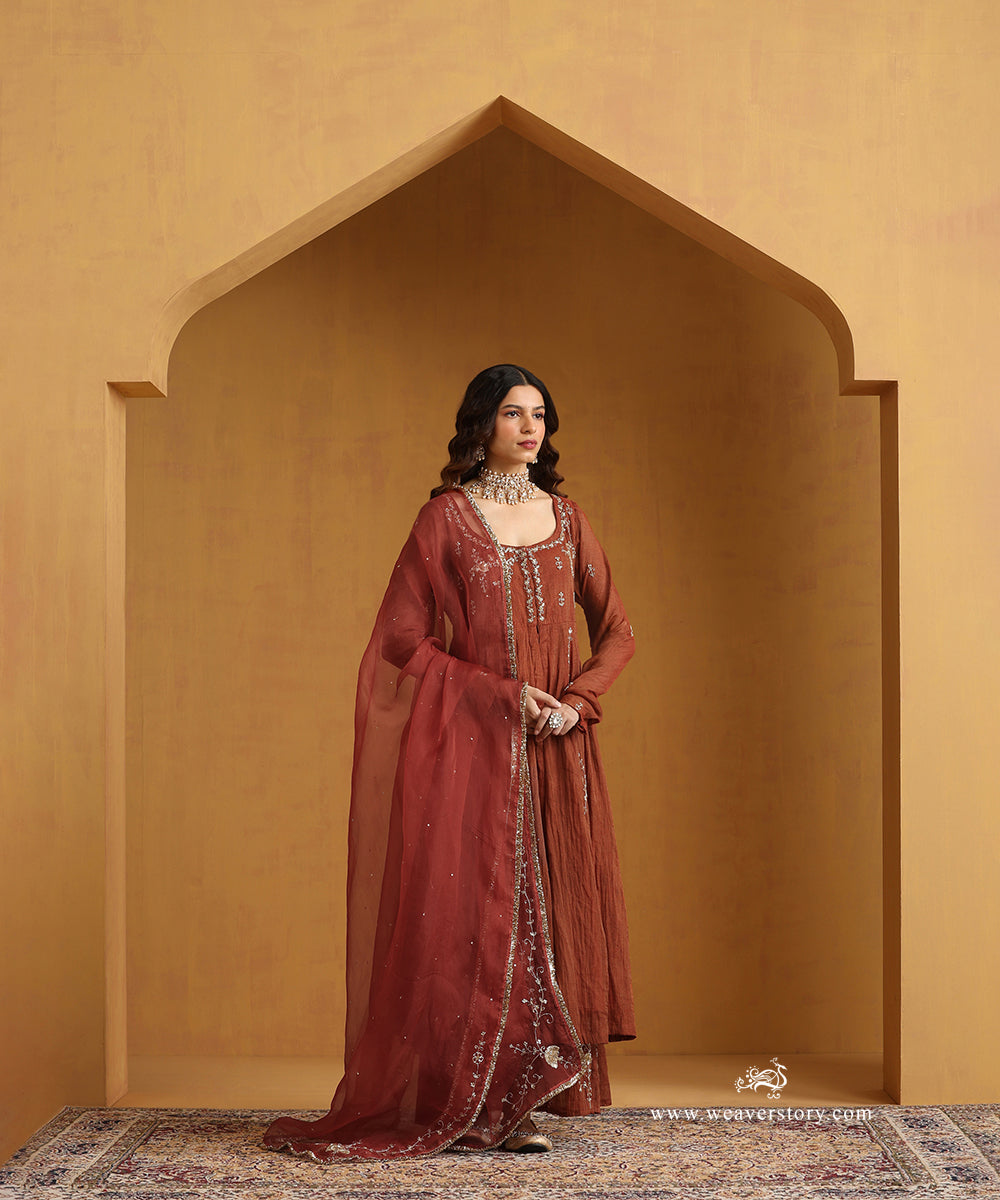 Rust_Orange_Hand_Embroidered_Cotton_Tissue_Anarkali_Kurta_With_Sharara_And_Organza_Dupatta_WeaverStory_05