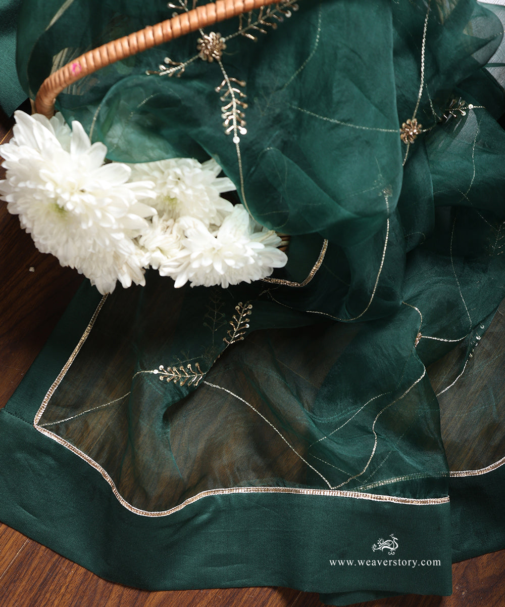 Bottle_Green_Hand_Embroidered_Organza_Dupatta_WeaverStory_01