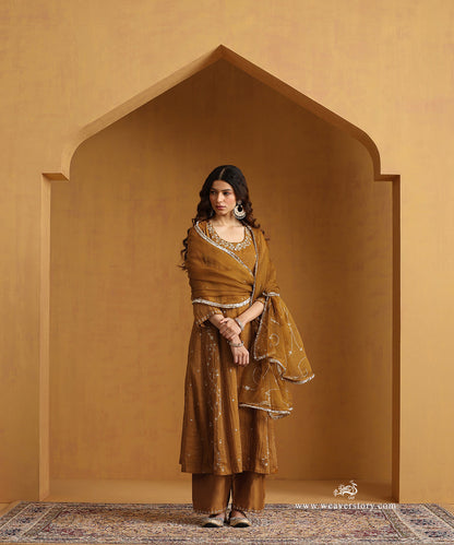 Mustard_Yellow_Hand_Embroidered_Cotton_Tissue_Side_Kali_Kurta_With_Pants_And_Organza_Dupatta_WeaverStory_01