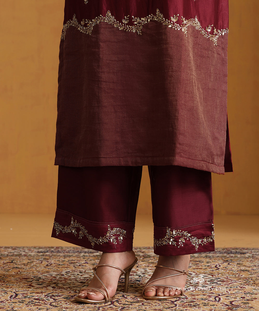 Red_Hand_Embroidered_Chanderi_Kurta_With_Pants_And_Organza_Dupatta_WeaverStory_05