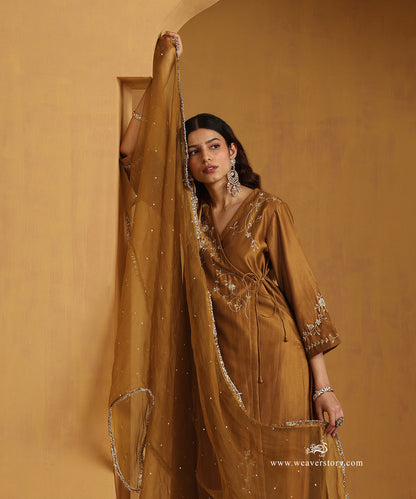 Mustard_Yellow_Hand_Embroidered_Chanderi_Angrakha_Kurta_With_Pants_And_Organza_Dupatta_WeaverStory_02