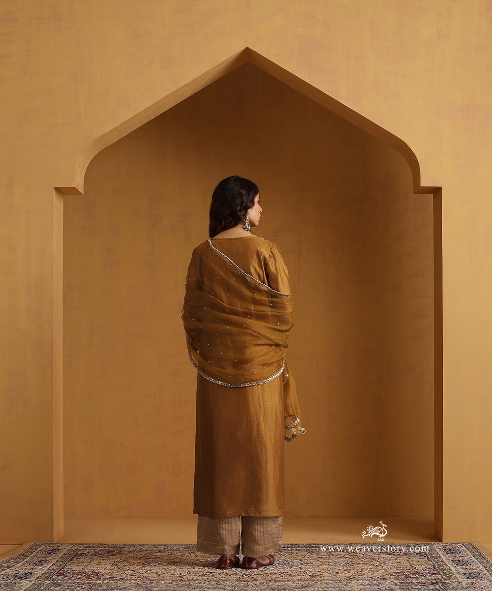 Mustard_Yellow_Hand_Embroidered_Chanderi_Angrakha_Kurta_With_Pants_And_Organza_Dupatta_WeaverStory_04