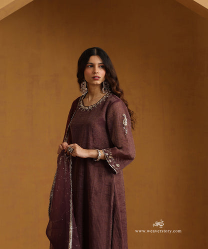 Dark_Plum_Hand_Embroidered_Cotton_Tissue_Kurta_With_Chanderi_Pants_And_Organza_Dupatta_WeaverStory_02