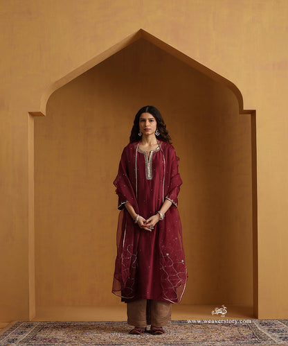 Red_Hand_Embroidered_Chanderi_Kurta_With_Striped_Chanderi_Pants_And_Organza_Dupatta_WeaverStory_04