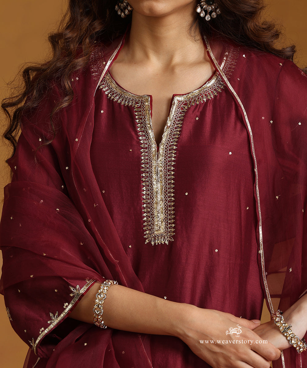 Red_Hand_Embroidered_Chanderi_Kurta_With_Striped_Chanderi_Pants_And_Organza_Dupatta_WeaverStory_06