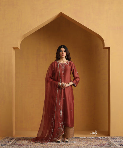 Rust_Orange_Hand_Embroidered_Chanderi_Kurta_With_Striped_Chanderi_Pants_And_Organza_Dupatta_WeaverStory_01