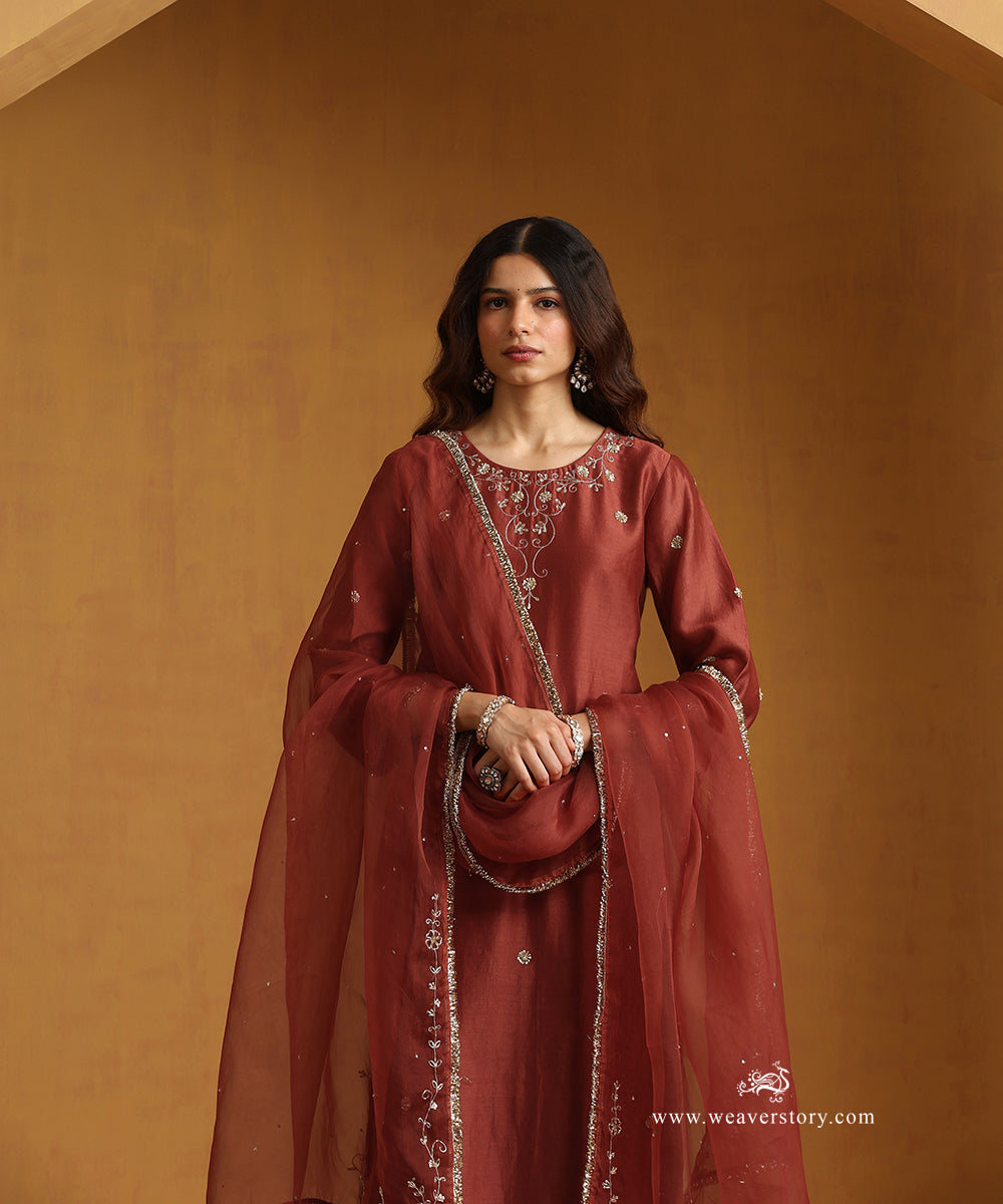 Rust_Orange_Hand_Embroidered_Chanderi_Kurta_With_Striped_Chanderi_Pants_And_Organza_Dupatta_WeaverStory_02