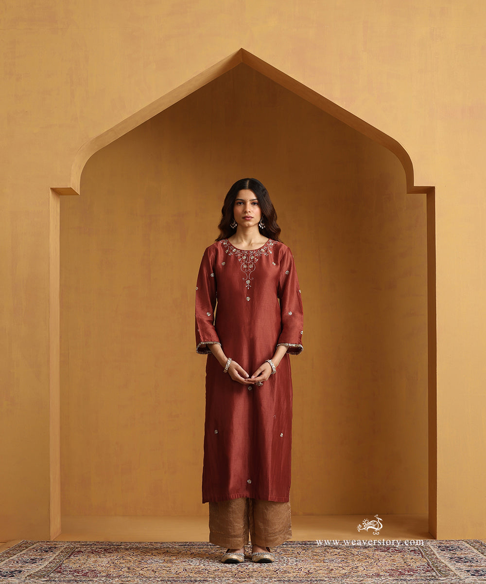 Rust_Orange_Hand_Embroidered_Chanderi_Kurta_With_Striped_Chanderi_Pants_And_Organza_Dupatta_WeaverStory_03