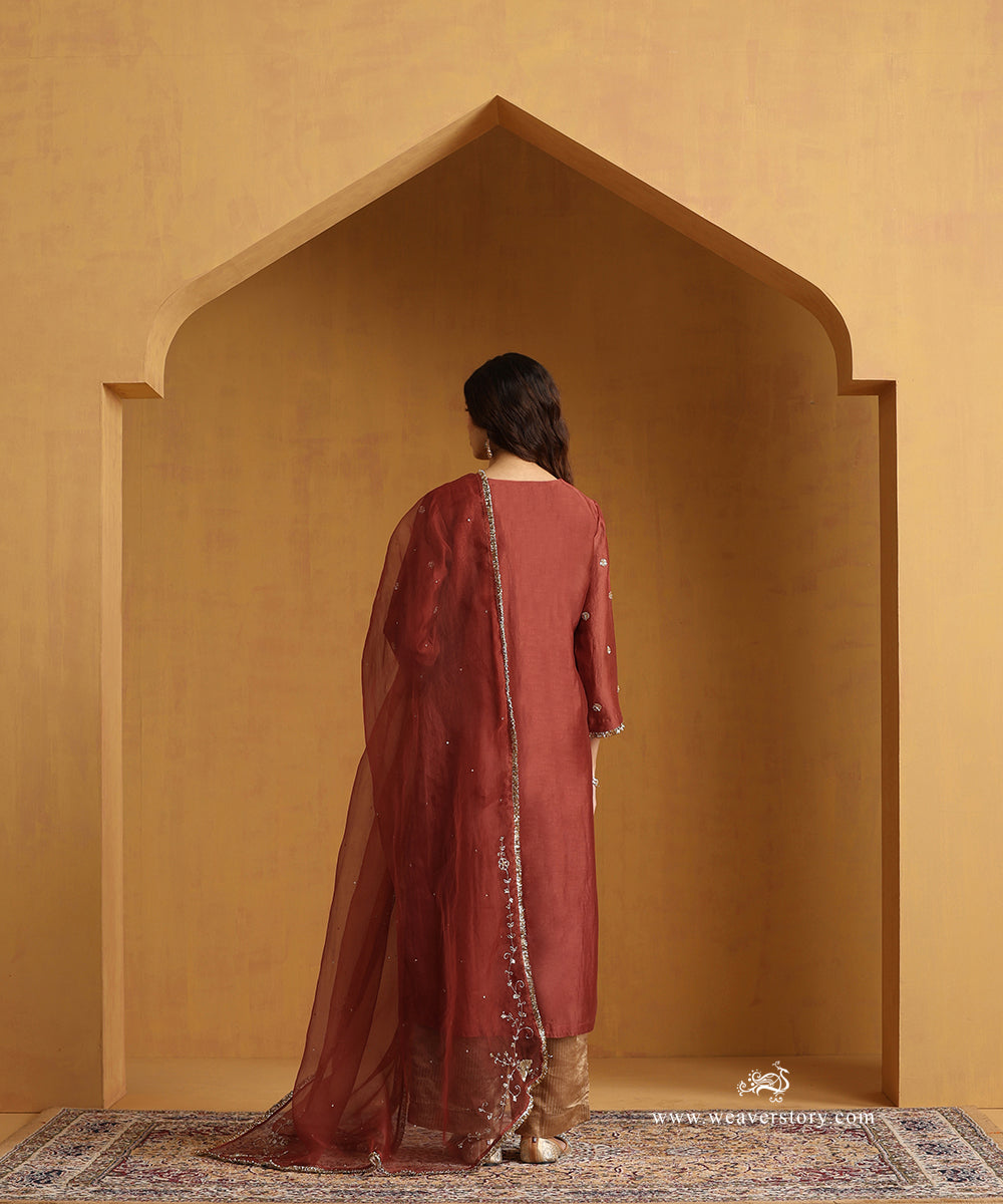 Rust_Orange_Hand_Embroidered_Chanderi_Kurta_With_Striped_Chanderi_Pants_And_Organza_Dupatta_WeaverStory_04