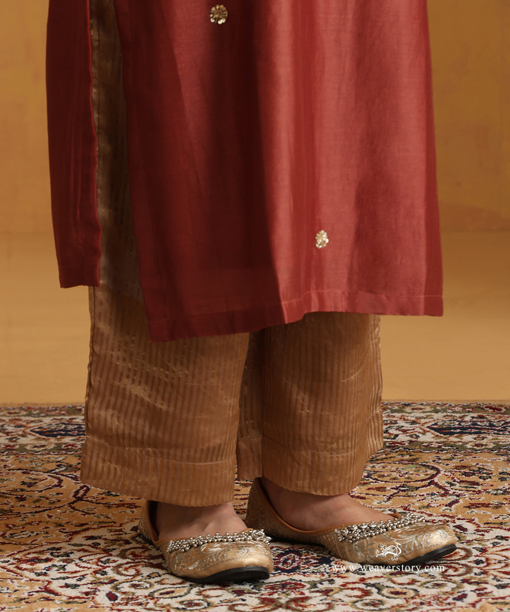 Rust_Orange_Hand_Embroidered_Chanderi_Kurta_With_Striped_Chanderi_Pants_And_Organza_Dupatta_WeaverStory_05