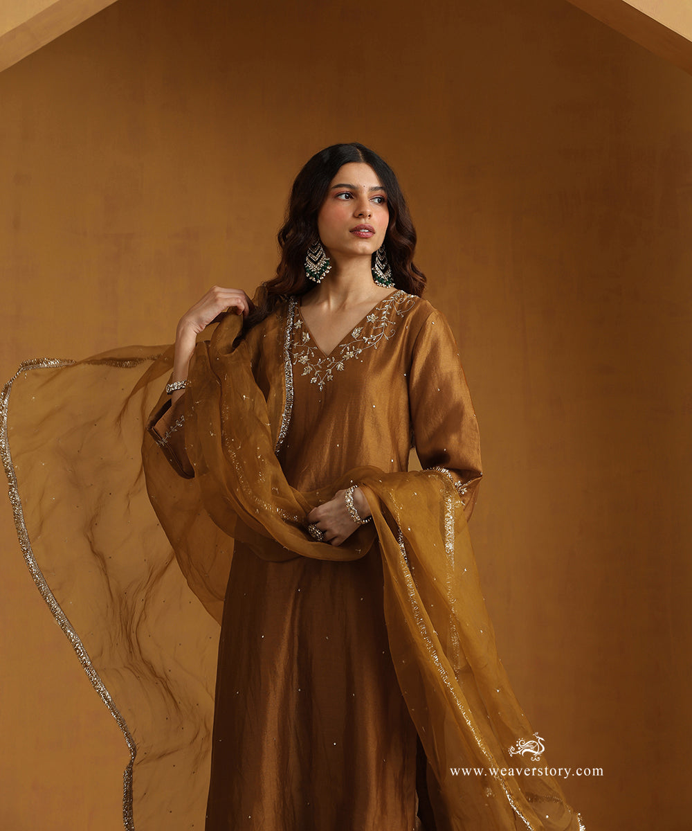 Mustard_Yellow_Hand_Embroidered_Chanderi_Kurta_With_Chanderi_Striped_Pants_And_Organza_Dupatta_WeaverStory_02