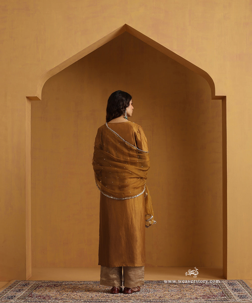 Mustard_Yellow_Hand_Embroidered_Chanderi_Kurta_With_Chanderi_Striped_Pants_And_Organza_Dupatta_WeaverStory_04