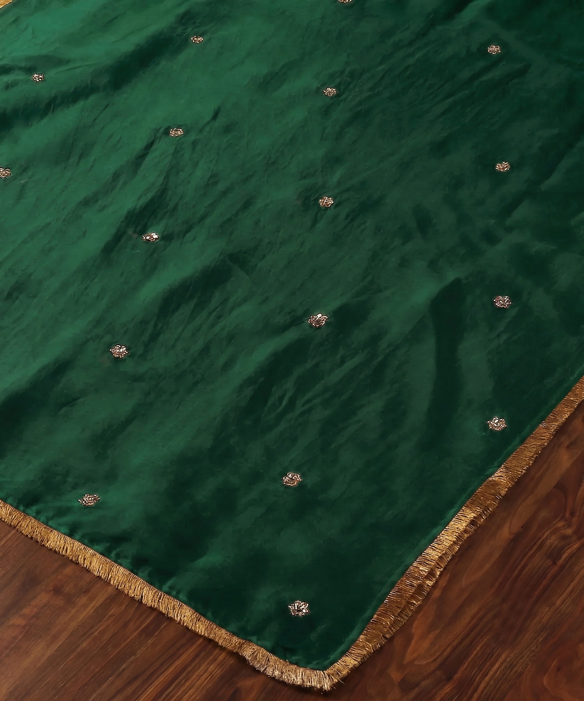 Deep Green Handloom Silk Organza Dupatta with Zardozi Motifs and Kiran