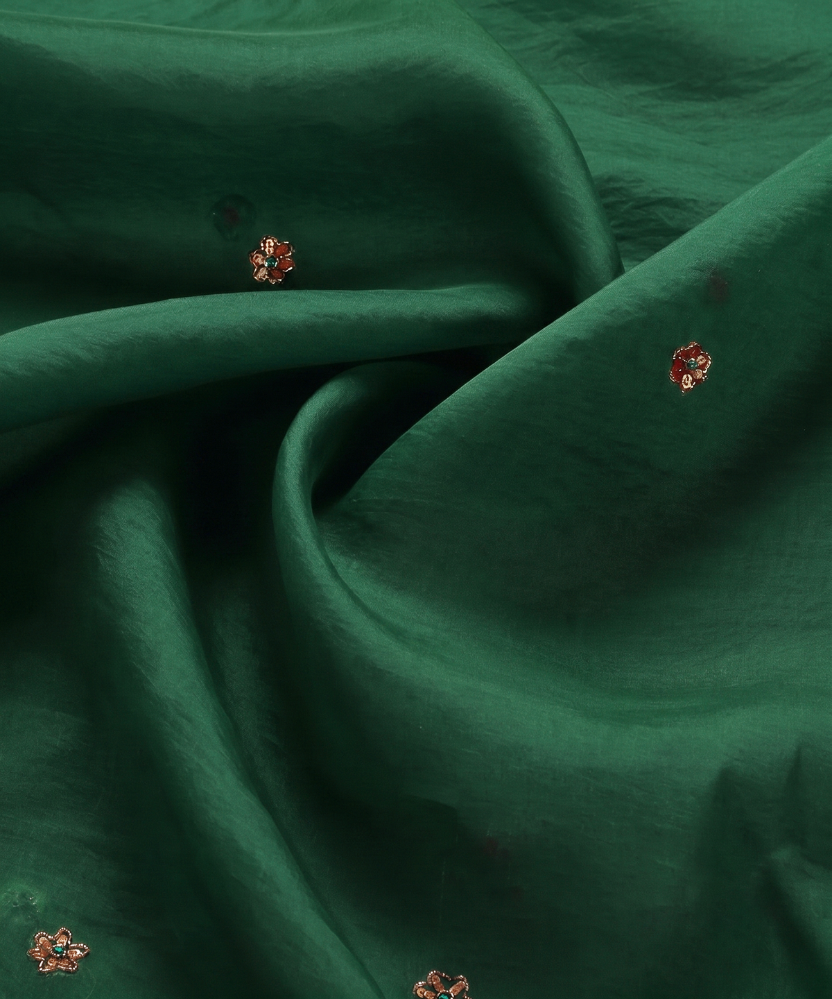Deep Green Handloom Silk Organza Dupatta with Zardozi Motifs and Kiran