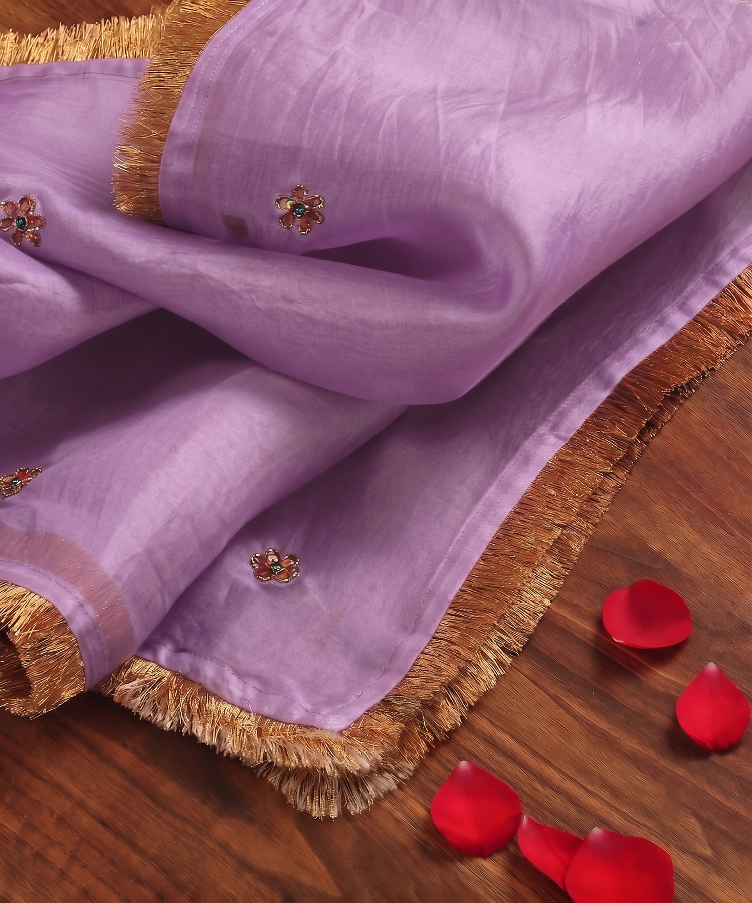 Lilac handloom silk organza dupatta with scattered zardozi floral motifs, meenakari accents and handcrafted metallic gold kiran edging.