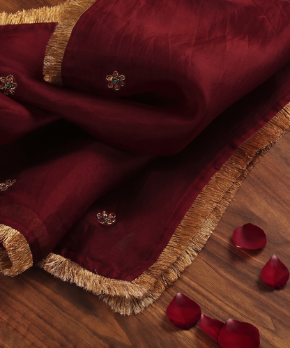 Maroon handloom silk organza dupatta with scattered zardozi floral motifs, turquoise meenakari accents and handcrafted metallic gold kiran edging