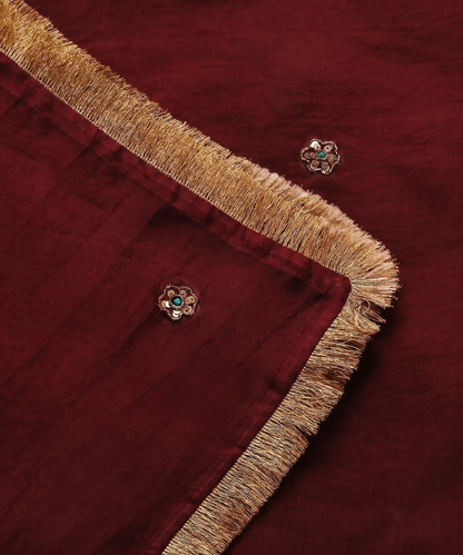 Maroon Handloom Silk Organza Dupatta with Zardozi Motifs and Kiran