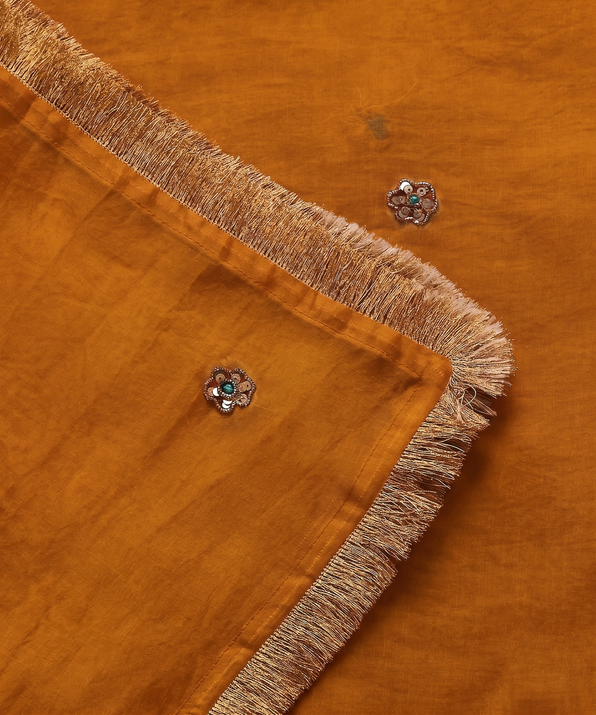 Mustard Handloom Silk Organza Dupatta with Zardozi Motifs and Kiran