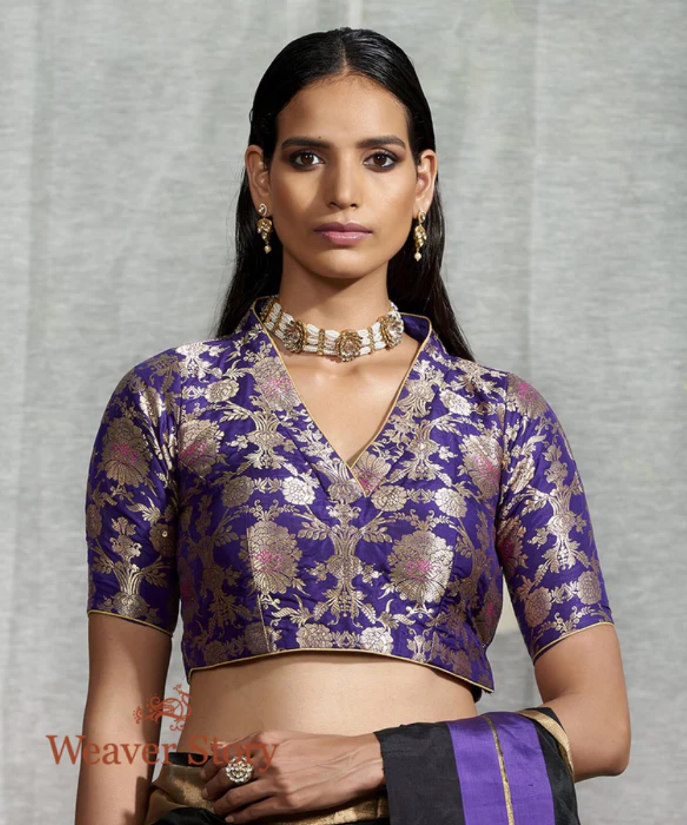 Purple Banarasi Brocade Blouse With Collar Neck Blouses/ Crop Tops