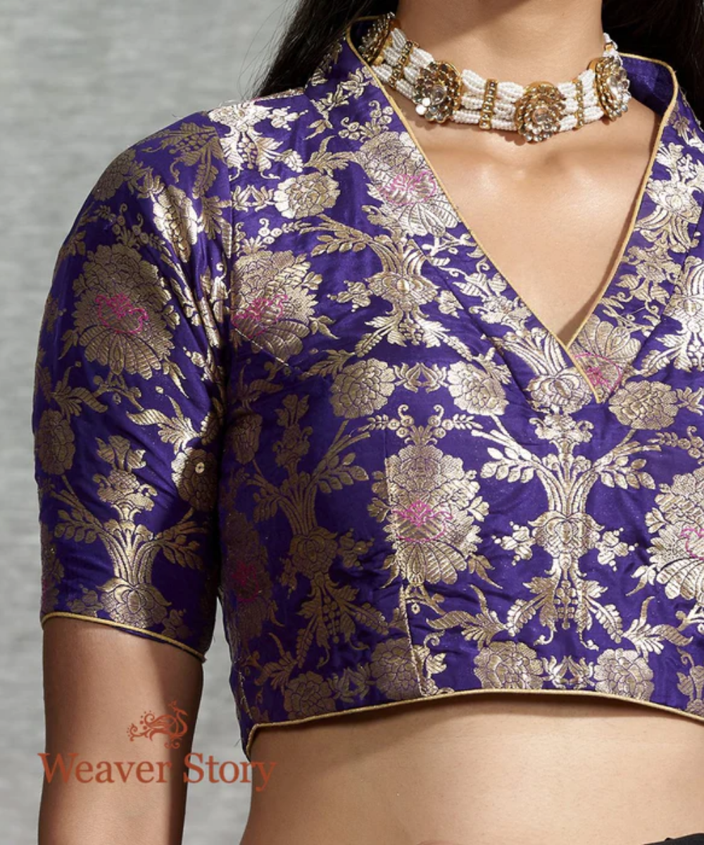 Purple Banarasi Brocade Blouse With Collar Neck Blouses/ Crop Tops